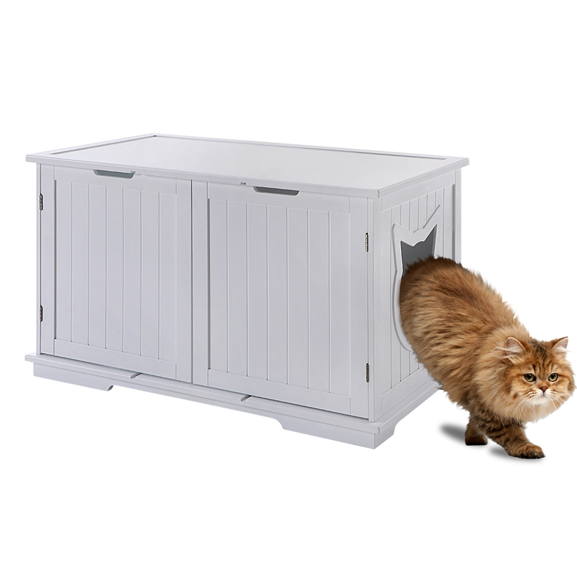 X-Large Cat Washroom Bench Litter Box Enclosure Furniture Box House with a cat entering from the side.