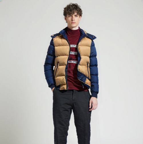 Mens Two Tone Puffer Jacket with Removable Hood in navy and brown, model wearing stylish winter coat.