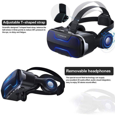 Dragon Flash VR Gaming Headset With Controller featuring adjustable strap and removable headphones for 3D audio experience.
