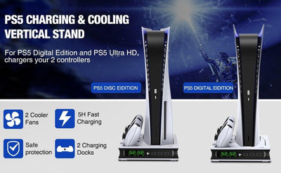 For PS5 Vertical Stand with Suction Cooling Fan Dual Controller