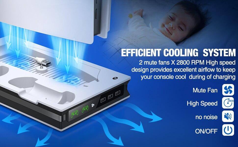 For PS5 Vertical Stand with Suction Cooling Fan Dual Controller