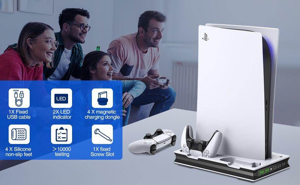 For PS5 Vertical Stand with Suction Cooling Fan Dual Controller