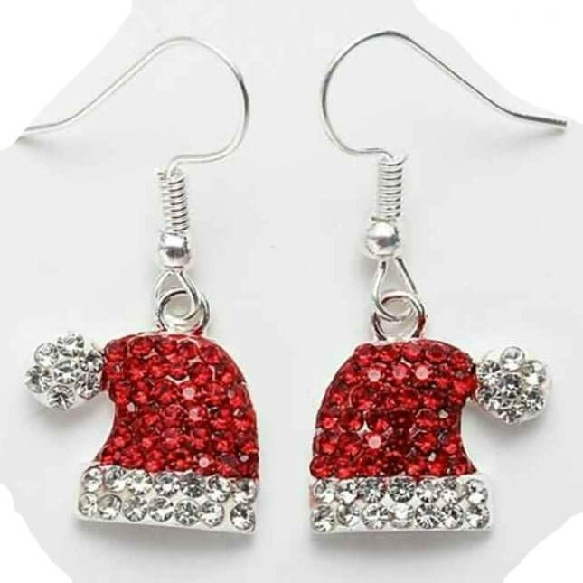 Classic Christmas Santa Hat Earrings with red and clear CZ crystals, perfect for holiday outfits.