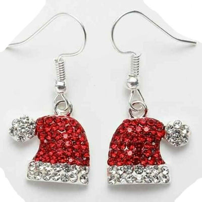 Classic Christmas Santa Hat Earrings with red and clear CZ crystals, perfect for holiday outfits.