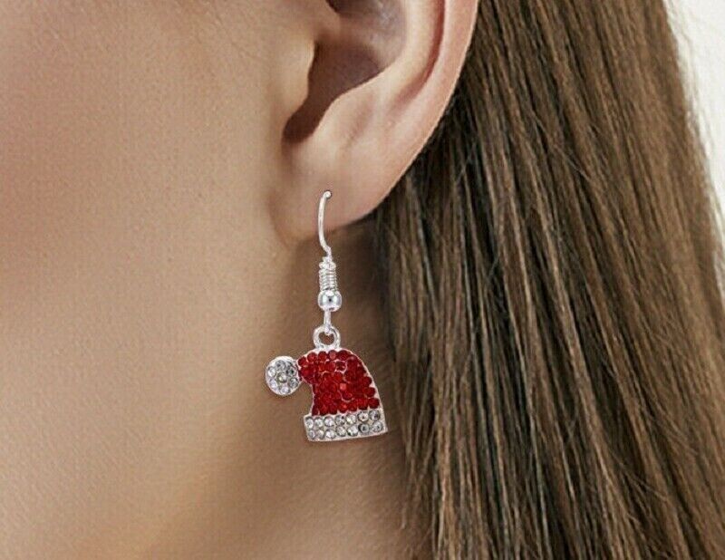 Classic Christmas Santa Hat Earrings featuring red and clear CZ crystals, perfect for festive holiday celebrations.