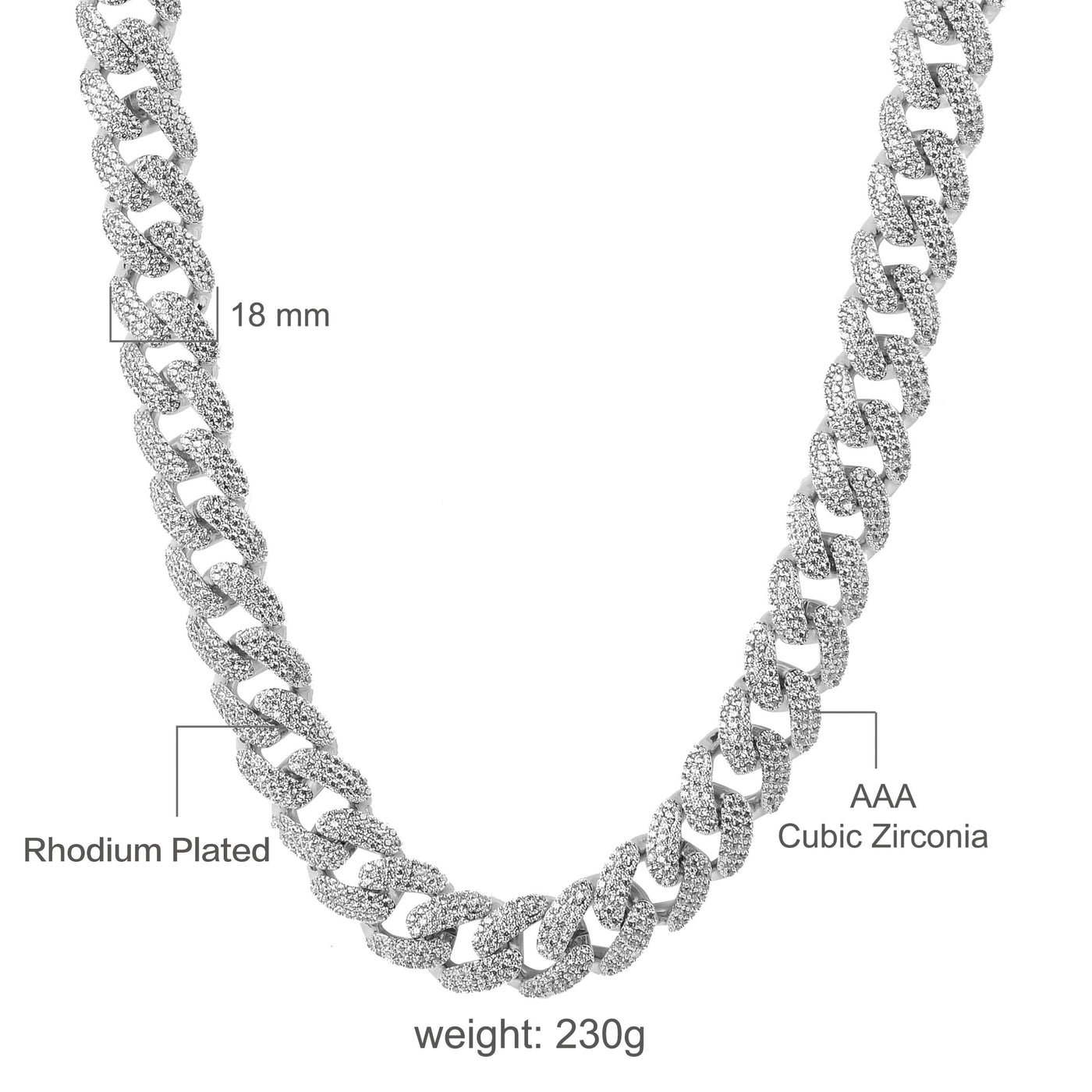 STALLION 18 MM Cuban Chain | 9211881 with rhodium plating and AAA cubic zirconia, 230g weight.